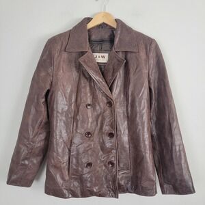 J&W American Classics Leather Jacket Womens L Brown Double Breasted Long Sleeve‎